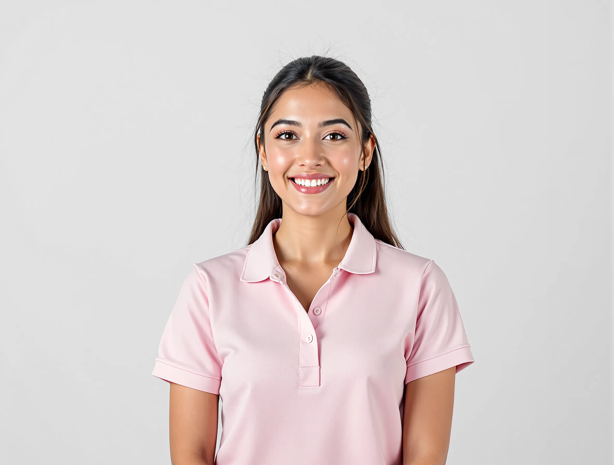 Isabella é uma mulher com longos cabelos castanhos escuros retratada sorrindo brilhantemente e vestindo uma camisa de trabalho rosa de três botões contra um fundo cinza claro' loading='lazy' title=