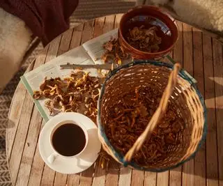 caffè ai funghi su un tavolo con funghi intorno