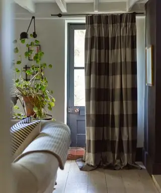 Ingresso in stile rustico con tendine sulla porta, piante ai lati, divano in primo piano, applique, pavimento in legno