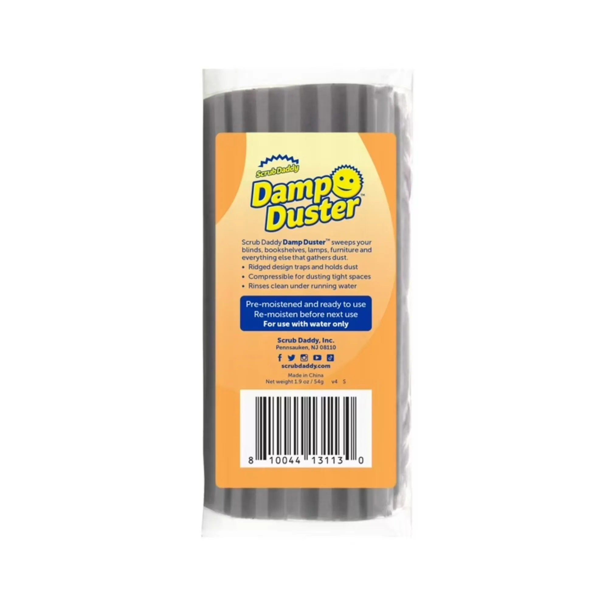 Szara wilgotna ściereczka do kurzu Scrub Daddy z pomarańczową etykietą z niebieskim napisem' loading='lazy' title=