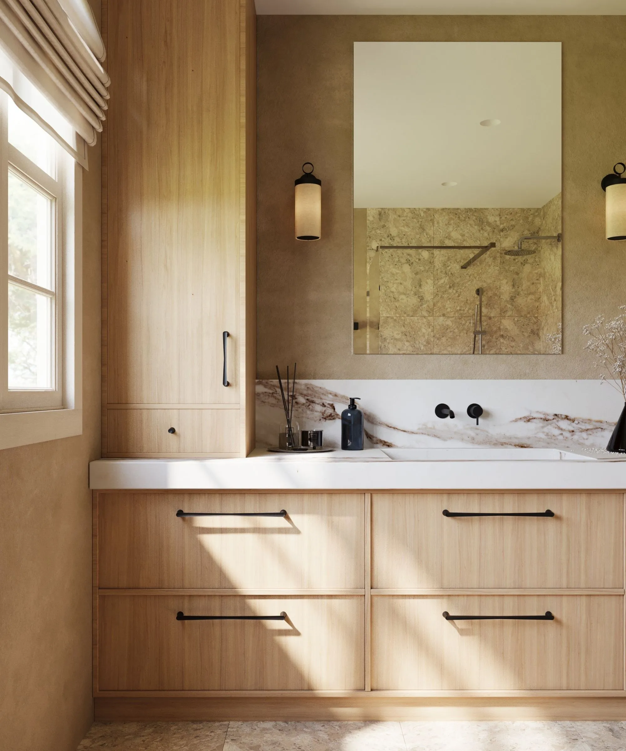 Un bagno in legno con armadietto' loading='lazy' title=